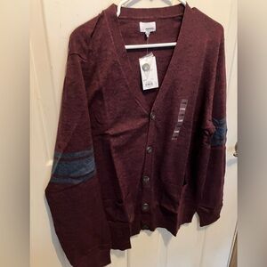 NWT XL Sonoma Burgundy Cardigan Sweater with striped sleeves